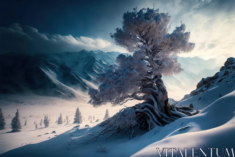 Enchanting Snow-Covered Tree in Majestic Mountains - Epic Fantasy Landscape AI Image