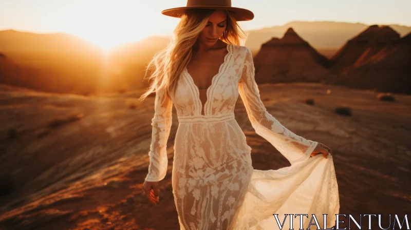 Ethereal Woman in White Lace Dress at Sunset AI Image