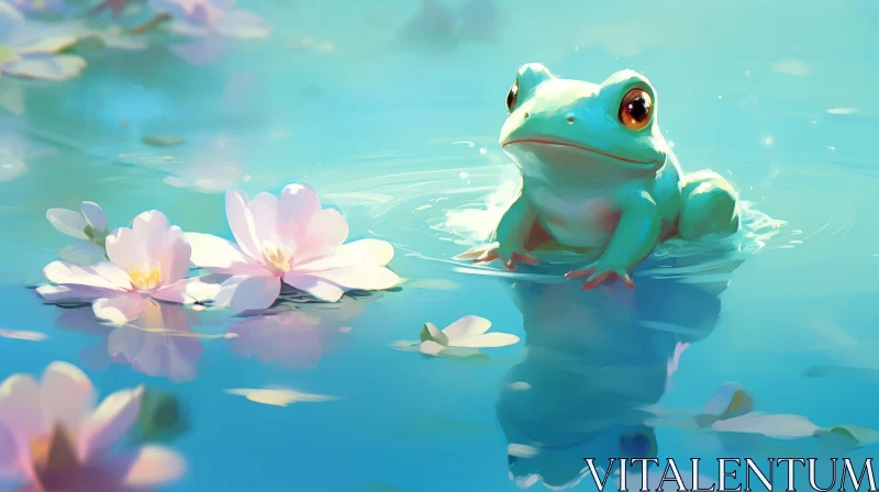 AI ART Green Frog on Pink Lily Pad in Blue Pond