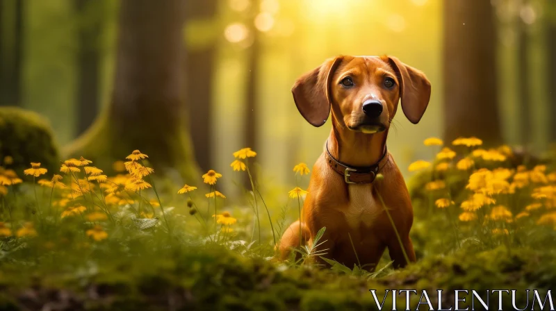 Happy Dachshund in Field of Yellow Flowers AI Image