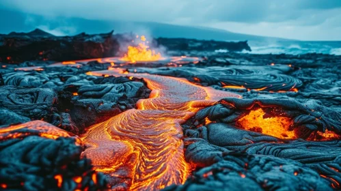 Majestic Molten Lava Flow on Active Volcano