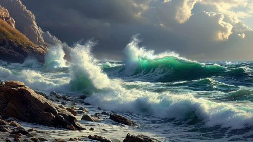Stormy Sea Painting | Powerful Waves and Rocky Shore