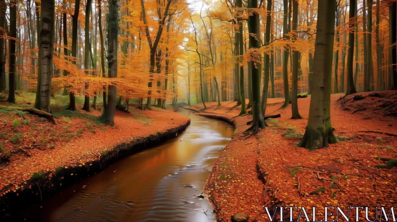 Tranquil Autumn Forest Landscape with River and Sunlight AI Image
