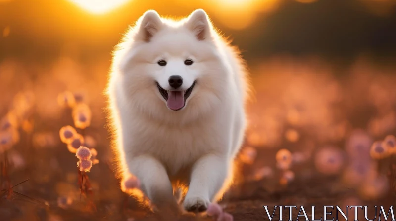 White Fluffy Samoyed Dog Running in Flower Field at Sunset AI Image