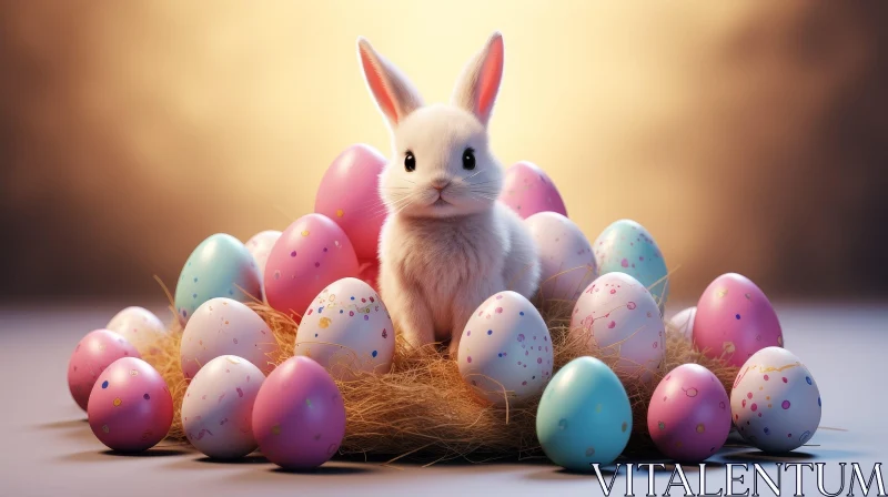 Charming White Bunny and Colorful Easter Eggs AI Image