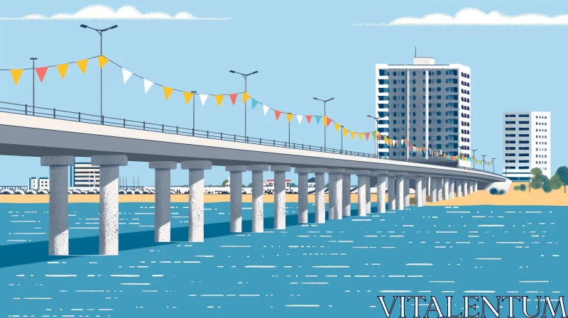 Cityscape Bridge Over River Beach Cartoon Scene AI Image