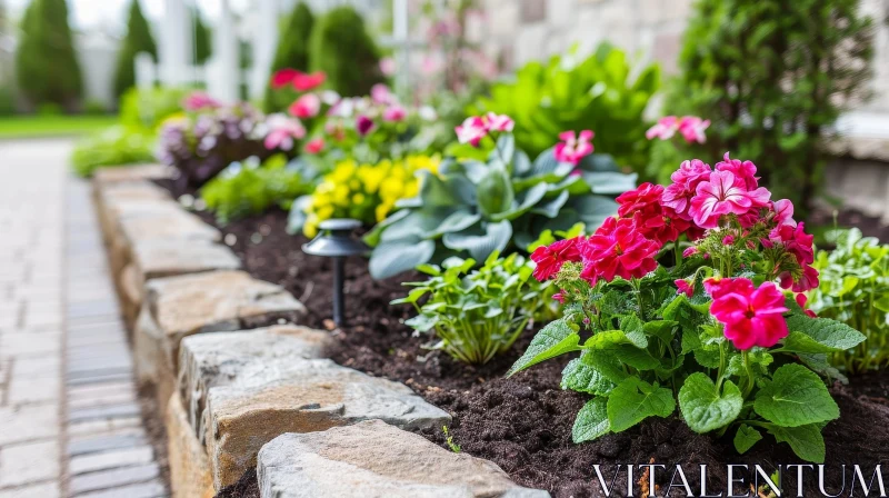 Colorful Flower Bed with Geraniums, Pansies, and Verbena AI Image