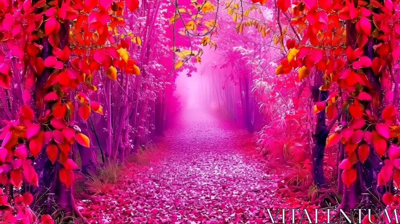 Enchanting Forest Pathway in Pink Mist AI Image