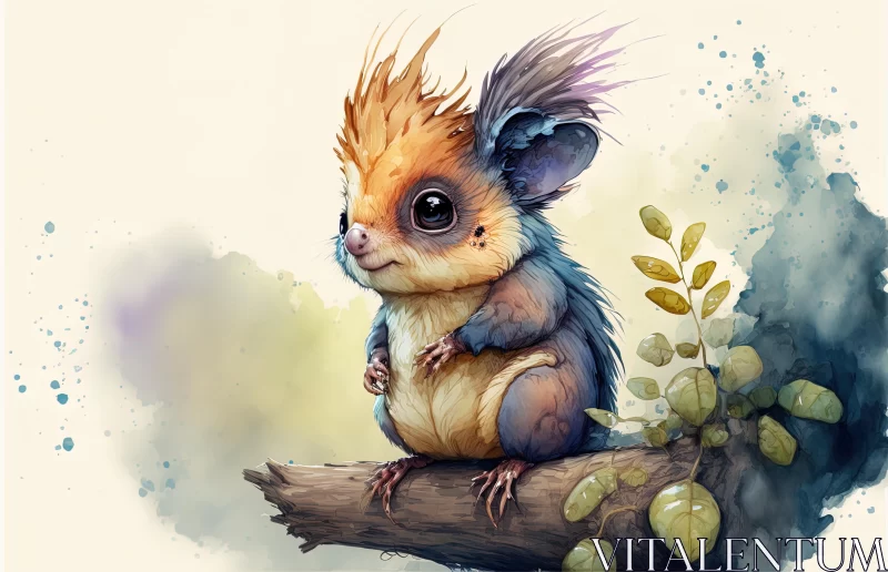 Enchanting Painting of a Cute Creature on a Wooden Branch AI Image