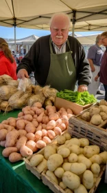 Friendly Farmer Selling Potatoes at Market