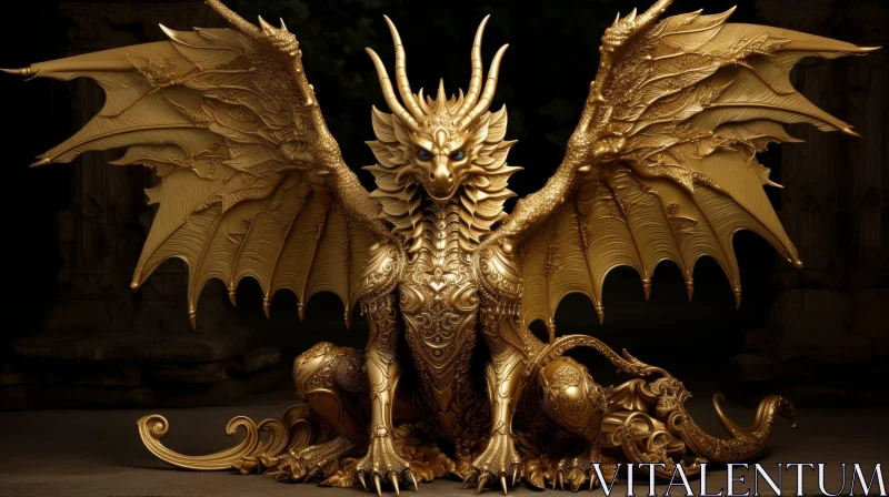 Golden Dragon 3D Rendering - Mythical Creature Art AI Image