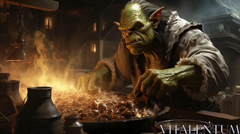 Green Orc Cooking in Dark Kitchen AI Image
