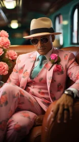 Pink Suit Man in Leather Armchair with Pink Roses
