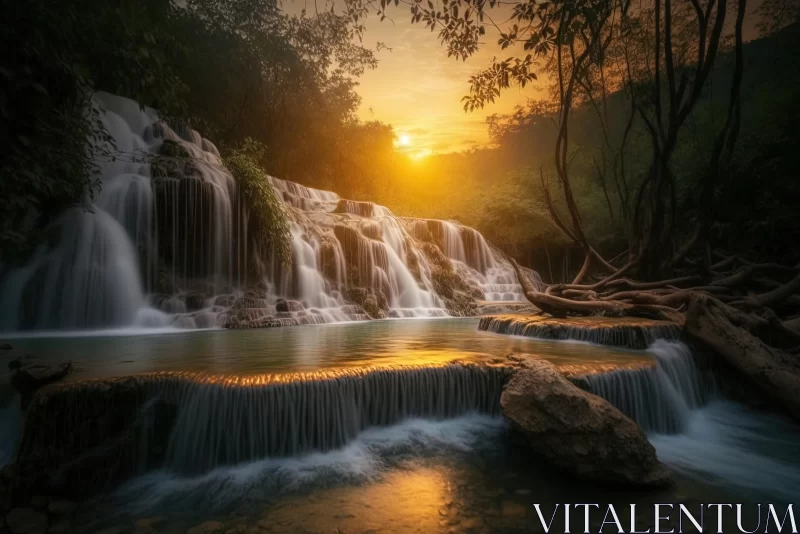 Serene and Tranquil Waterfall at Sunrise | Thai Art Inspired AI Image