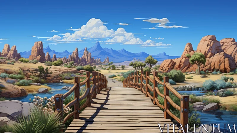 Serene Desert Canyon Landscape with Wooden Bridge and Mountains AI Image