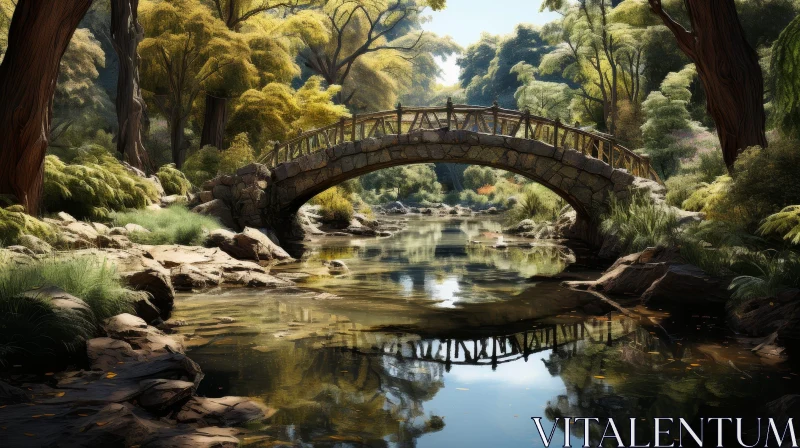 Tranquil Stone Bridge Over River in Forest AI Image
