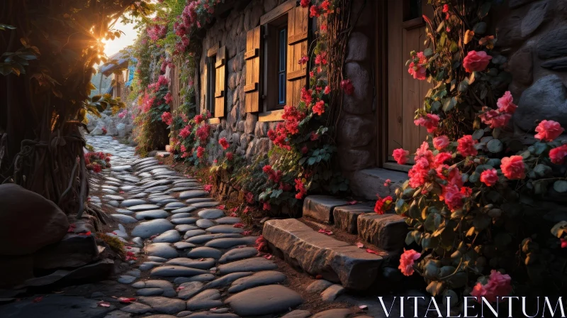 Tranquil Village Streetscape with Stone Cottages and Roses AI Image