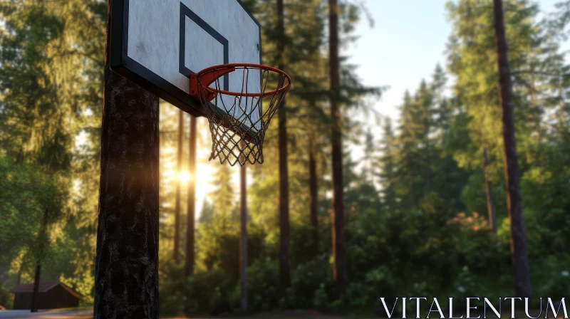 Basketball Hoop in Forest: Serene Nature Scene AI Image