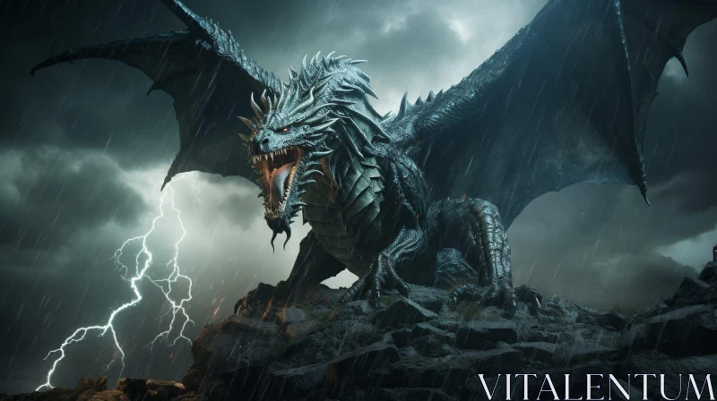 Black Dragon in Storm: Digital Fantasy Art AI Image