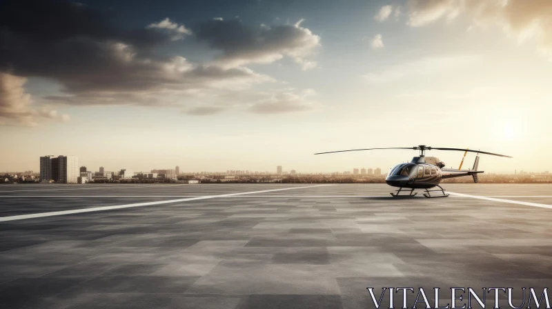 Black Helicopter on City Building Helipad at Sunset AI Image
