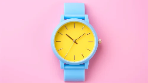 Blue and Yellow Wristwatch on Pink Background