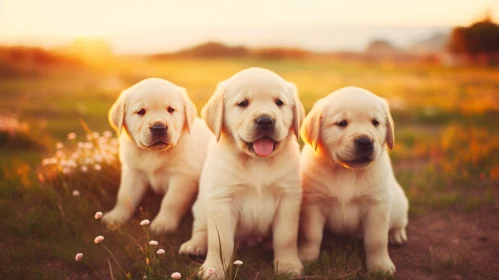 Golden Retriever Puppies at Sunset