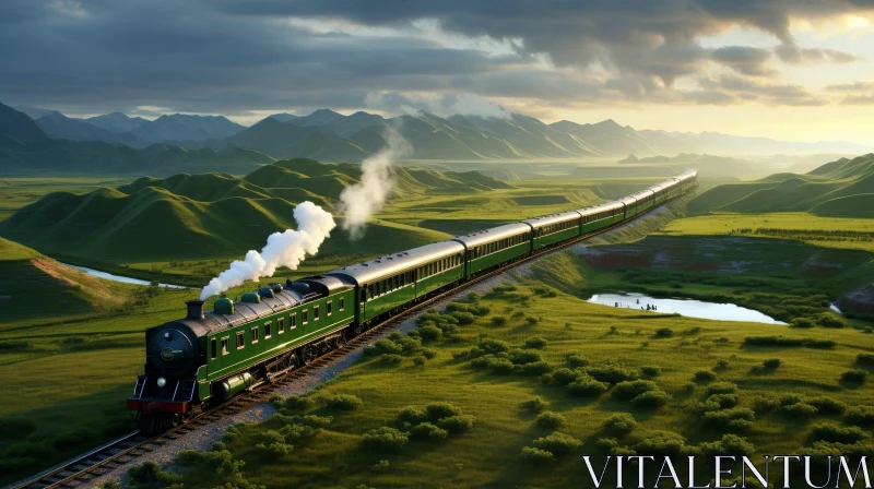Green Steam Train in Lush Valley AI Image