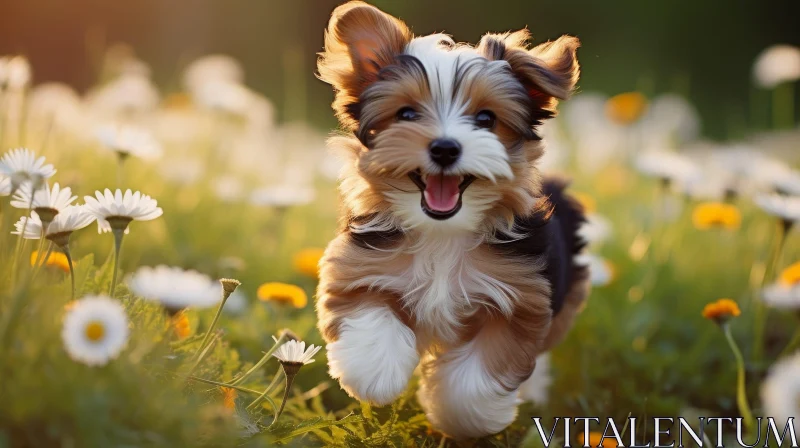 Playful Dog Running in Flowery Meadow AI Image