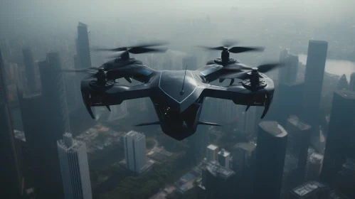 Urban Aerial Photography: Black Drone Flying Over Cityscape