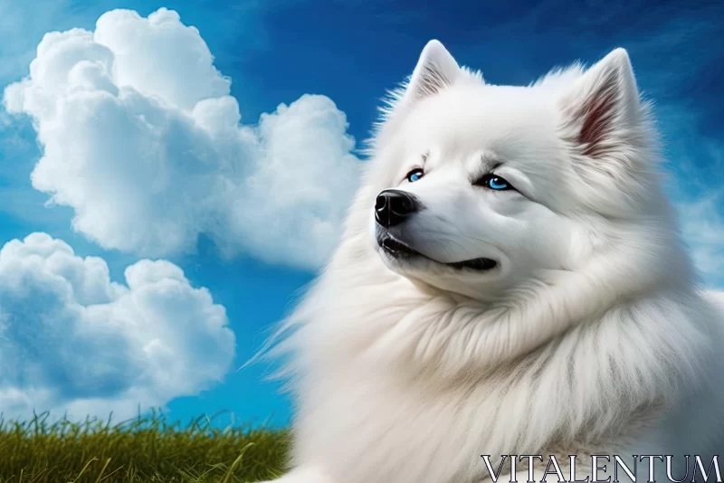 White Husky Puppy and Cloud Wallpaper: Realistic Blue Skies AI Image