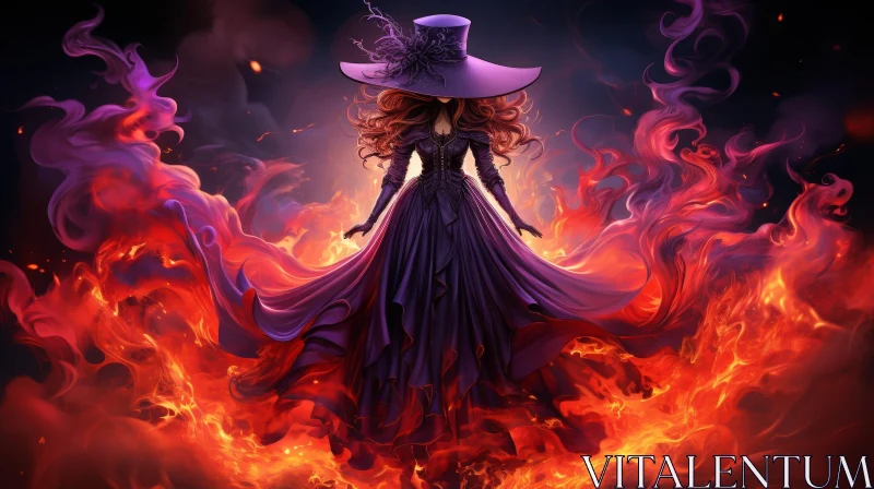 Woman in Purple Dress in Fiery Background AI Image