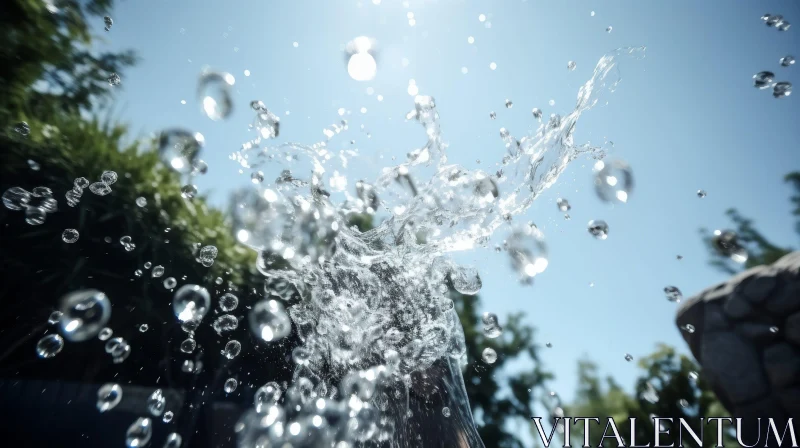Crystal Clear Water Fountain in Bright Blue Sky AI Image