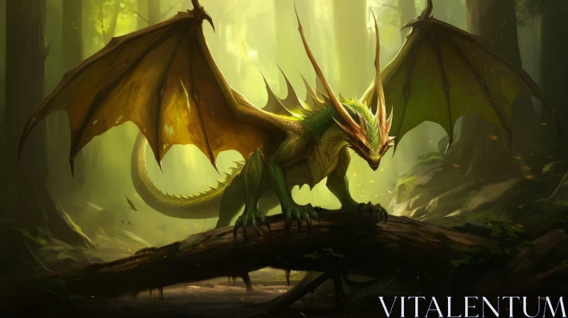 Enchanting Green Dragon in Dark Forest - Digital Art AI Image