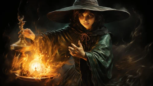 Enchanting Woman in Green Robe with Fire Orb