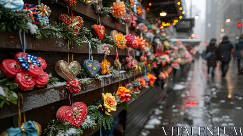 Handmade Christmas Ornaments on Wooden Fence AI Image