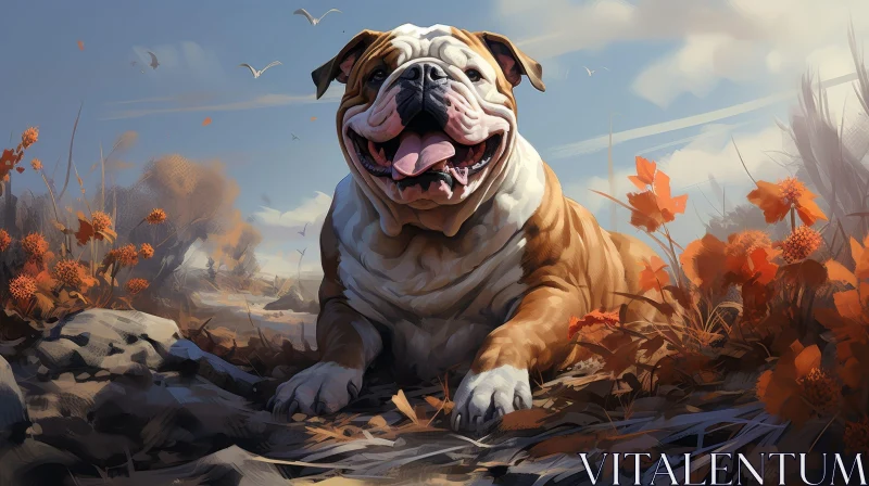 Joyful Bulldog in Flower Field Painting AI Image