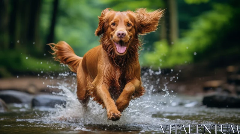 AI ART Joyful Golden Retriever Dog Running in River - Majestic Moment