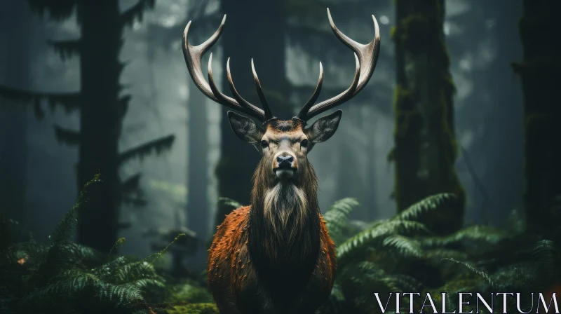 Majestic Red Deer Stag in Misty Forest AI Image