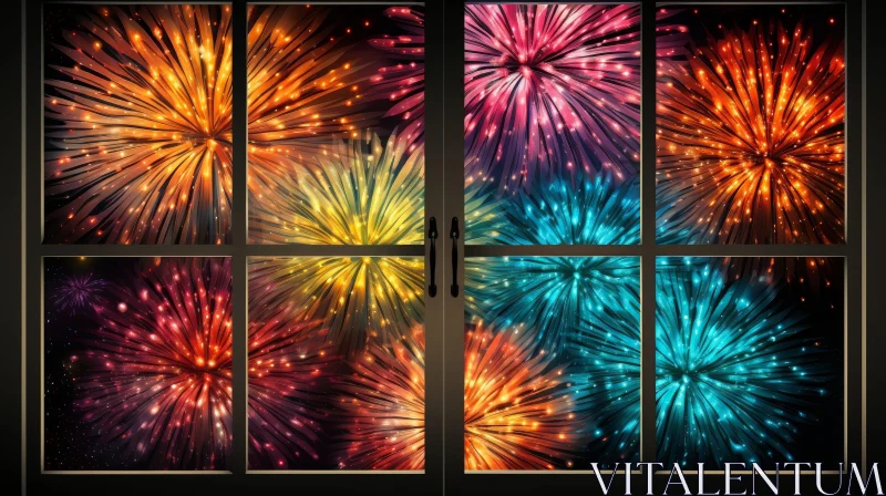 Night Sky Fireworks Spectacle Through Window AI Image
