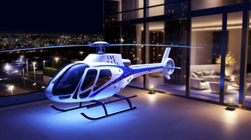 Urban Aviation Excitement: Sleek Helicopter on Rooftop Helipad at Night