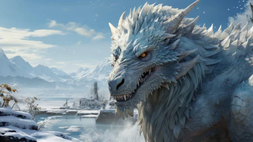 White Dragon Digital Painting on Cliff with Snowy Mountain Range