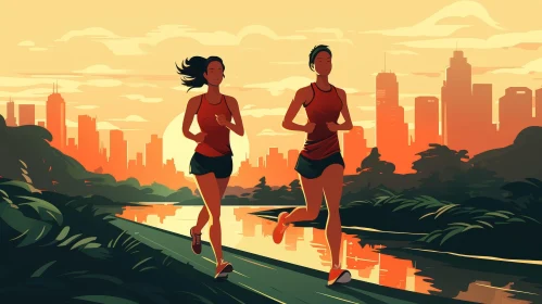 Young Women Running in Park at Sunset - Cartoon Style