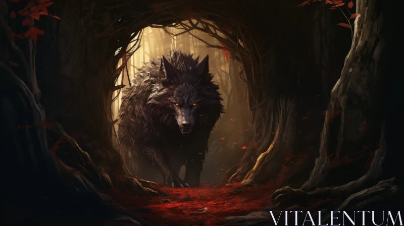 Black Wolf in Dark Forest - Mysterious Digital Painting AI Image