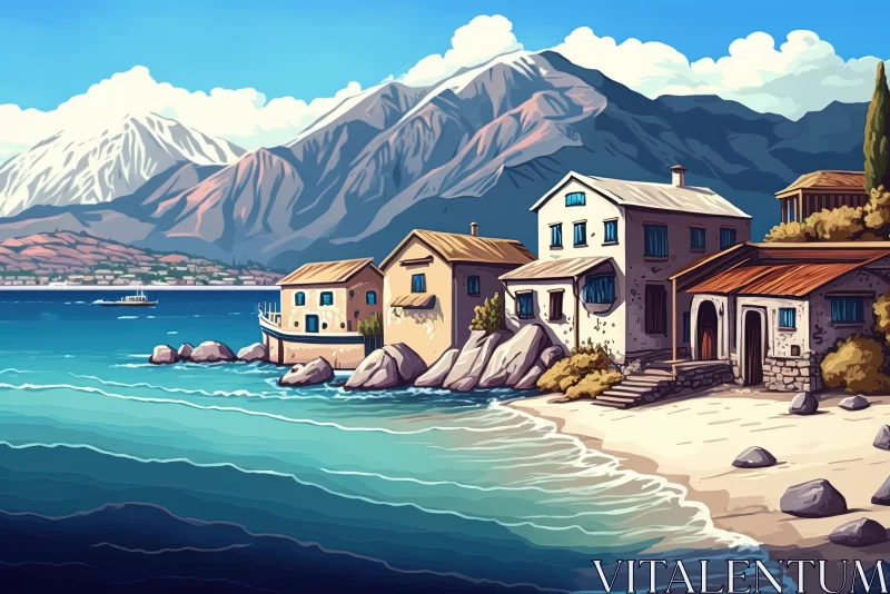 Captivating Seaside Houses with Mountain Backdrop - Artwork AI Image