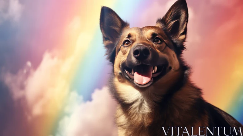 Cheerful Dog with Rainbow and Clouds AI Image