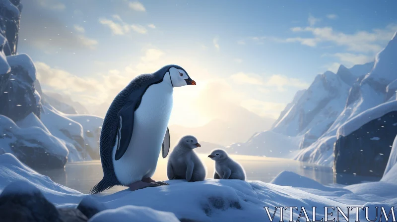 Family of Penguins in Snowy Landscape AI Image