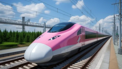 Sleek Pink and White High-Speed Train in Rural Area