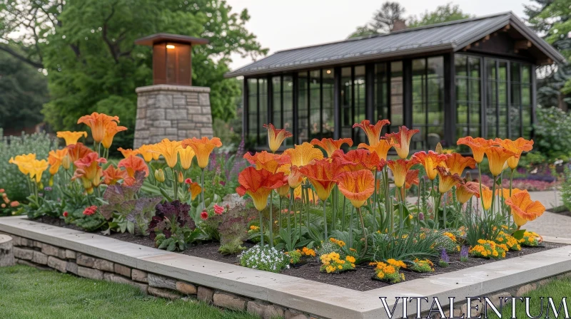 Tranquil Garden with Tulips and Stone Building AI Image