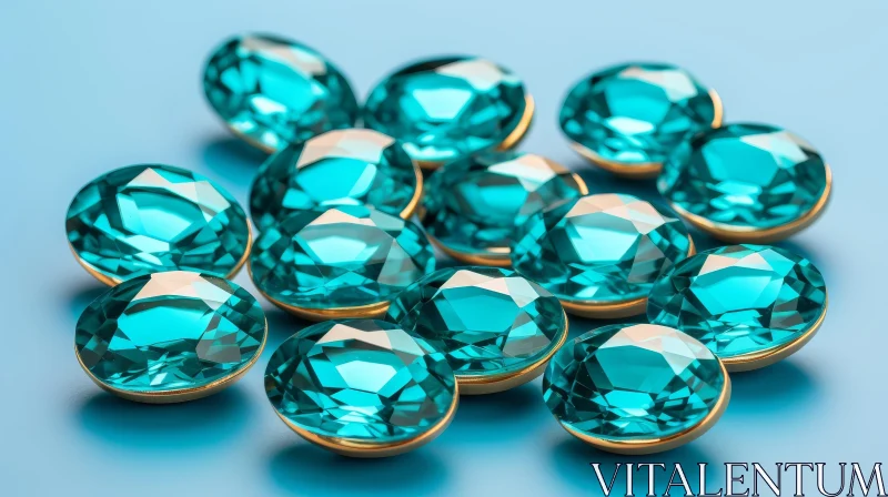 Turquoise Gemstones in Gold Setting on Blue Background AI Image