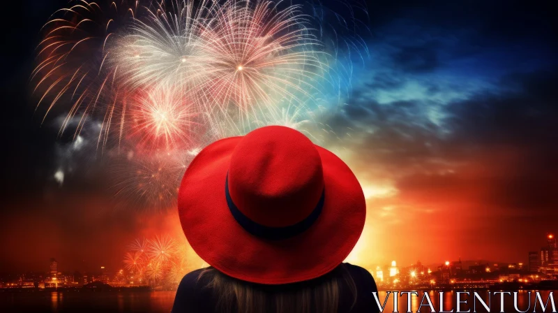 Woman in Red Hat Watching Colorful Fireworks Over City AI Image
